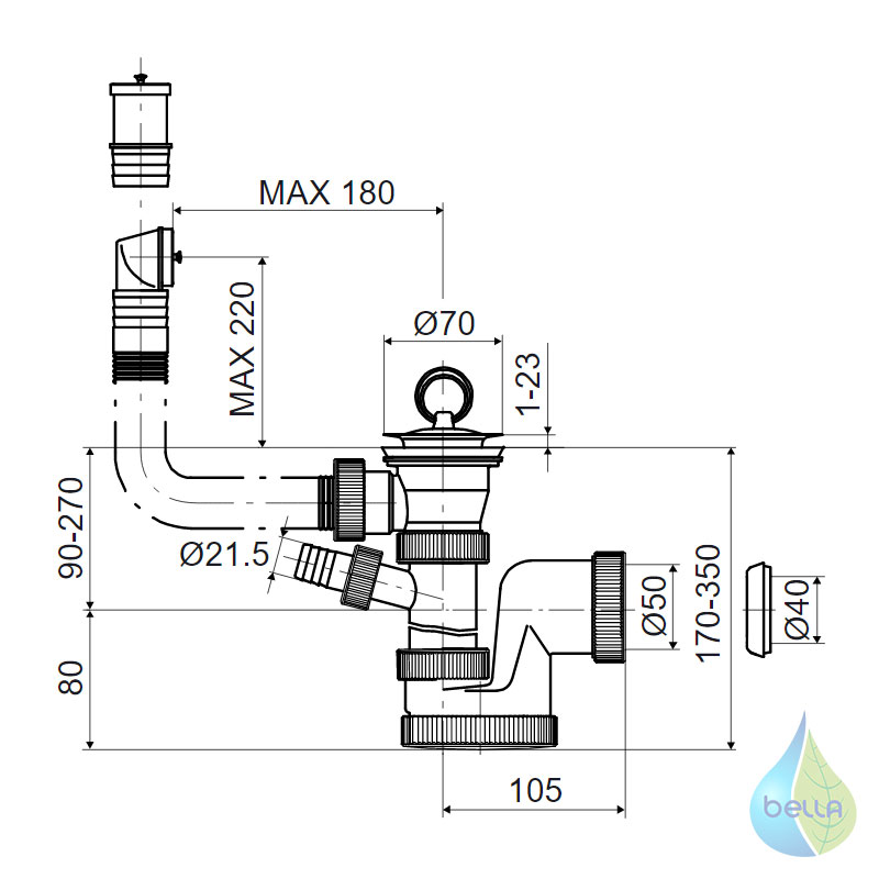 T-735/PBZ DN50/40 sifón drezový s prepadom + pračka alebo umývačka